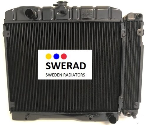 En svart "Kylare Mercedes" bilkylare framträdande med en stor "SWERAD SWEDEN RADIATORS"-etikett på framsidan, som visar en grafik med gula, blå och röda cirklar.