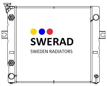 Teknisk ritning av en radiator med texten "KYLARE CATERPILLAR" och tre färgade prickar i gult, blått och rött ovanför texten.