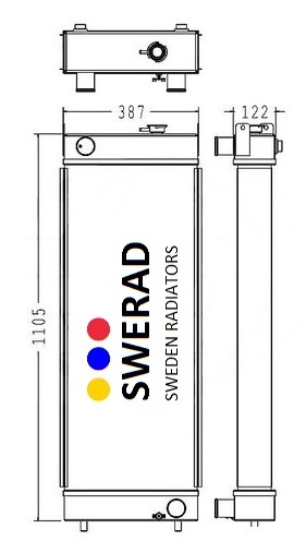 Tekniskt diagram över en Kylare Caterpillar radiator som visar dimensioner i millimeter: 1105 mm höjd, 387 mm bredd och 122 mm djup. Kylaren har märkes- och färgprickar i rött, blått och gult.