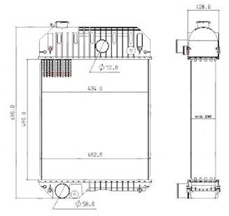 Tekniskt diagram över Kylare Caterpillar-generatorn med detaljerade mått i millimeter. Fram- och sidovyer visas, inklusive mått för olika delar av generatorn.