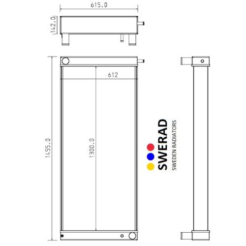 Tekniskt diagram över en Kylare Massey Ferguson skördetröska från Sverige Radiatorer, som visar front-, sido- och toppvyer med detaljerade mått, inklusive 615,0 mm bredd och 1455,0 mm höjd.