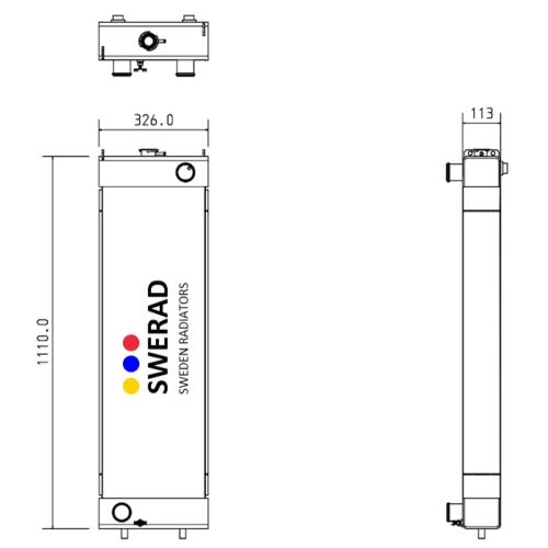 Teknisk ritning av en Kylare Komatsu grävmaskin radiator med front- och sidovyer. Mått: 1110,0 mm höjd, 326,0 mm bredd och 113,0 mm djup.