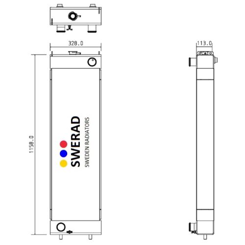 Tekniskt diagram över en Kylare Komatsu grävmaskinenhet, som visar front- och sidovyer med dimensionerna 1159,0 mm på höjden, 328,0 mm på bredden och 113,0 mm på djupet.