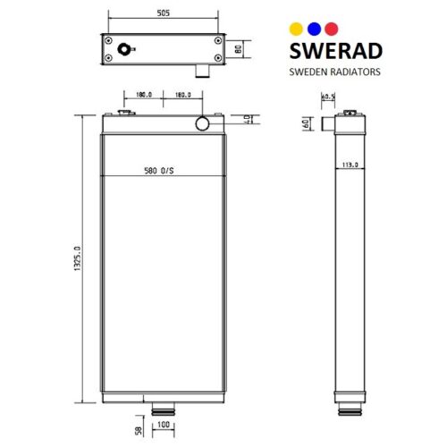 Teknisk ritning av en Kylare Komatsu lastmaskin-kylare med fram-, sido- och toppvyer som visar detaljerade millimetermått. SWERAD Sweden Radiators logotyp med färgade prickar finns i det övre högra hörnet.