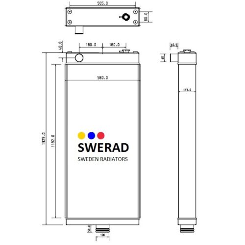 Teknisk ritning av en rektangulär radiator märkt "Kylare Komatsu lastmaskin", visad framifrån, uppifrån och från sidan med detaljerade mått i millimeter.