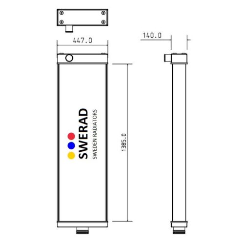 Teknisk ritning av en Kylare Komatsu dumperprodukt, som visar dimensioner på 447,0 mm bredd, 1385,0 mm höjd och 140,0 mm sidodjup.