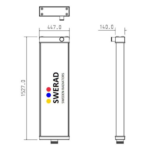 Teknisk ritning av en Kylare Komatsu dumperradiator som visar front- och sidovyer med dimensioner: 1527,0 mm i höjd, 447,0 mm i bredd och 140,0 mm i djup.