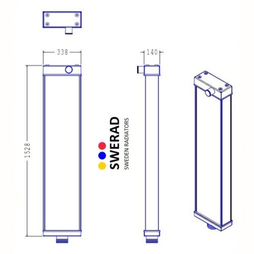 Ritningsschema över en vertikal radiator, Kylare Komatsu dumper från SWERAD Sweden Radiatorer, med måtten 1528 mm x 338 mm x 140 mm.