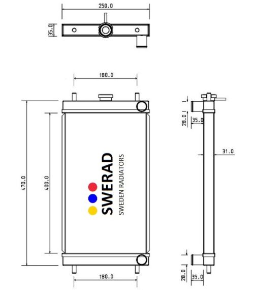 Teknisk ritning av en Kylare Komatsu grävmaskin radiator, inklusive front-, topp- och sidovyer med märkta mått i millimeter. Kylaren har en höjd på 470 mm, en längd på 250 mm och ett djup på 55 mm.