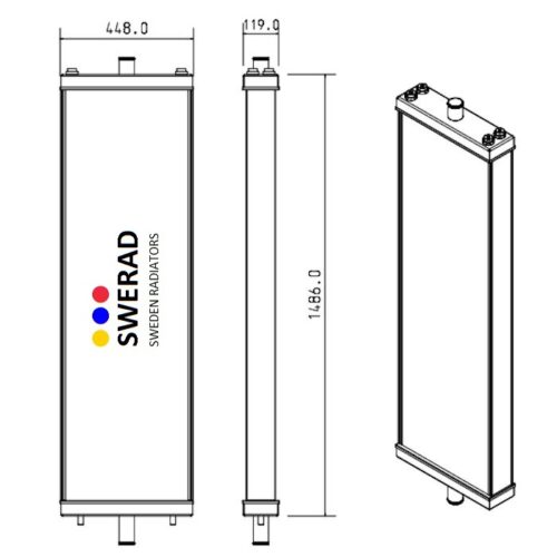 Teknisk ritning av en Kylare Komatsu grävmaskin radiator som visar front-, sido- och toppvyer med dimensionerna 448,0 mm bredd, 119,0 mm djup och 1486,0 mm höjd.
