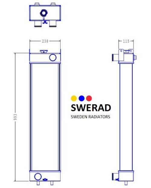 Teknisk ritning av Kylare Komatsu grävmaskin radiator med front- och sidovyer. Måtten är 238 mm bred, 115 mm djup och 933 mm hög. Texten lyder "SWERAD SWEDEN RADIATORS" med en logotyp med fyra färgade prickar.