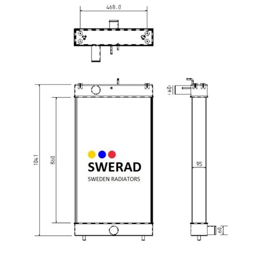 Teknisk ritning av en Kylare Komatsu dumperradiator. Vy framifrån, från sidan och uppifrån visas med mått märkta. Logotypen med texten "SWERAD SWEDEN RADIATORS" visas tydligt på framsidan.