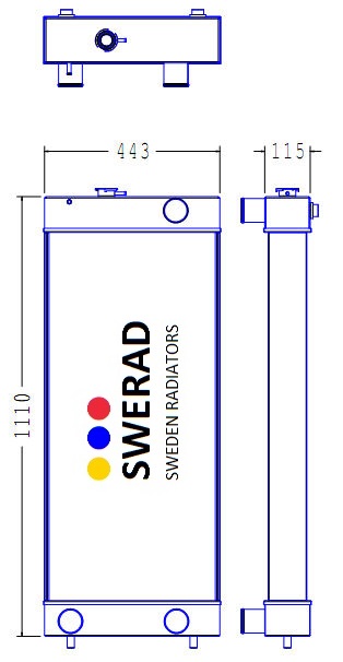 Teknisk ritning av en Kylare Komatsu dumper från Sverige Radiatorer, som visar front-, sido- och toppvyer med dimensioner: 1110 mm hög, 443 mm bred och 115 mm djup.