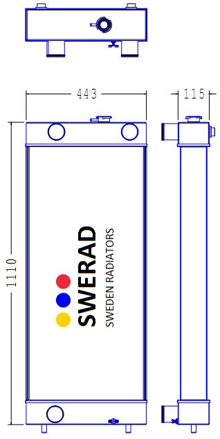 Teknisk ritning av en Kylare Komatsu dumperradiator med måtten 1110mm x 443mm x 115mm. Logotypen i mitten visar "SWERAD SWEDE RADIATORS" med tre färgade prickar.