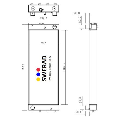 Teknisk ritning av en Kylare Komatsu grävmaskin radiator, som visar front- och sidovyer med angivna mått. Framsidan mäter 1180,0 mm i höjd och 492,4 mm i bredd.