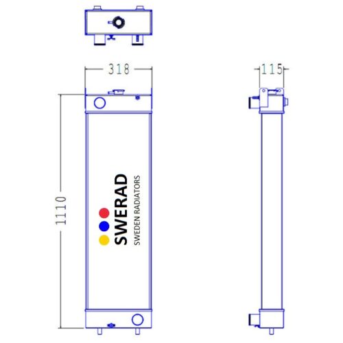 Teknisk ritning av en Kylare Komatsu grävmaskin radiator, som visar front- och sidovyer med måtten märkta som 1110 mm på höjden, 318 mm på bredden och 115 mm på djupet.