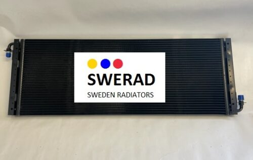 En svart Värmeelement Dodge radiator med SWERAD-logotypen, med tre färgade prickar, och texten "Sweden Radiators" på.