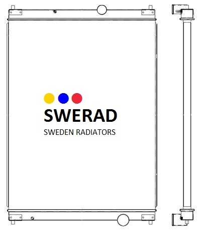Teknisk ritning av en radiator märkt "Kylare Cummins generator" med texten "Sweden Radiators" under den, med färgade prickar ovanför varumärket.