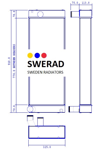 Teknisk ritning av en Kylare Atlas Copco Borrigg radiator, som visar front-, sido- och toppvyer med olika dimensioner märkta.
