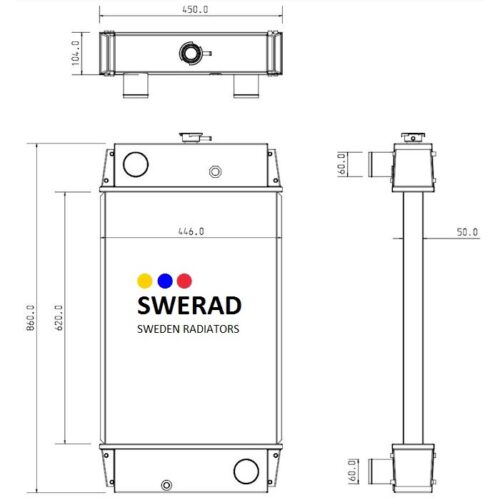 Teknisk ritning av en rektangulär Kylare Atlas Copco-generator från SWERAD Sweden Radiatorer, som visar front-, topp- och sidovyer med olika dimensioner märkta.