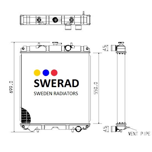 Teknisk ritning av Kylare Atlas Copcos generatorradiator från SWERAD (Sweden Radiators), med detaljer fram- och sidovyer. Mått som visas: höjd 499,0 mm, bredd 550,0 mm. Olika komponenter och ett ventilationsrör är märkta.