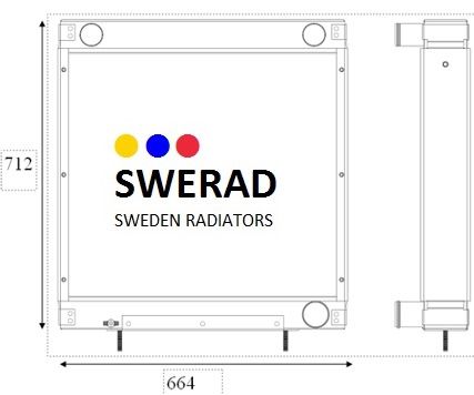 Teknisk ritning av en Kylare Atlas Copco generatorenhet med måtten 712 mm i höjd och 664 mm i bredd.