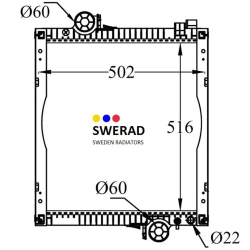 Teknisk ritning av en kylare från SWERAD Sweden Radiatorer, närmare bestämt Kylare John Deere traktormodellen, med dimensioner markerade som 502mm bredd, 516mm höjd, och anslutningsdiametrar Ø60mm och Ø22mm.