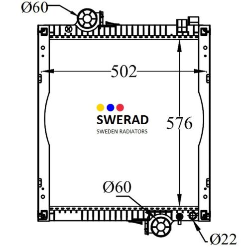 Teknisk ritning av en Kylare John Deere traktor kylare som visar dimensionerna 502 mm bredd och 576 mm höjd. Diagrammet visar även anslutningsdiametrar vid Ø60 och Ø22. Sweden Radiators logotyp ingår.