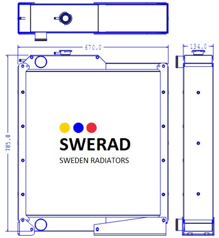 Teknisk ritning av en Kylare John Deere generatorradiator, med dimensionerna 670 mm gånger 134 mm gånger 788 mm och en "SWERAD Sweden Radiators"-logotyp i mitten.