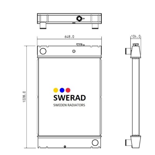 Teknisk ritning av en Kylare John Deere generatorradiator, inklusive front-, sido- och toppvyer med mått märkta i millimeter.