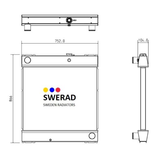 Teknisk ritning av en Kylare John Deere generatorradiatorprodukt, som visar front- och sidovyer med mått. Måtten anges i millimeter.