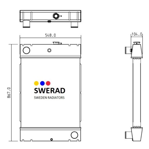 Teknisk ritning av en Kylare John Deere generatorradiator med front- och sidovyer, mått märkta 867,0 mm på höjden, 548,0 mm i bredd och 104,0 mm på djupet, med Swerads logotyp i mitten.