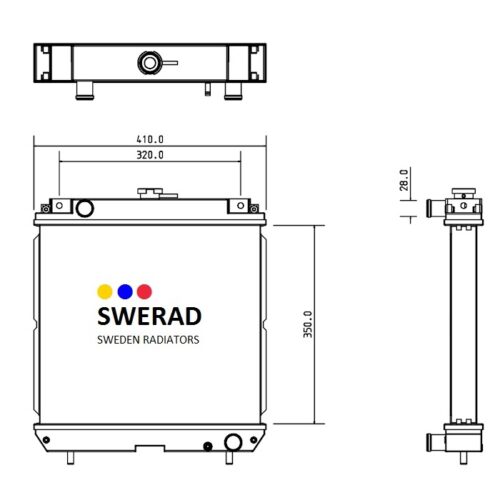 Teknisk ritning av en Kylare John Deere grävmaskin från Sverige, som visar front-, topp- och sidovyer med mått: bredd 410 mm, höjd 350 mm och djup 128 mm.
