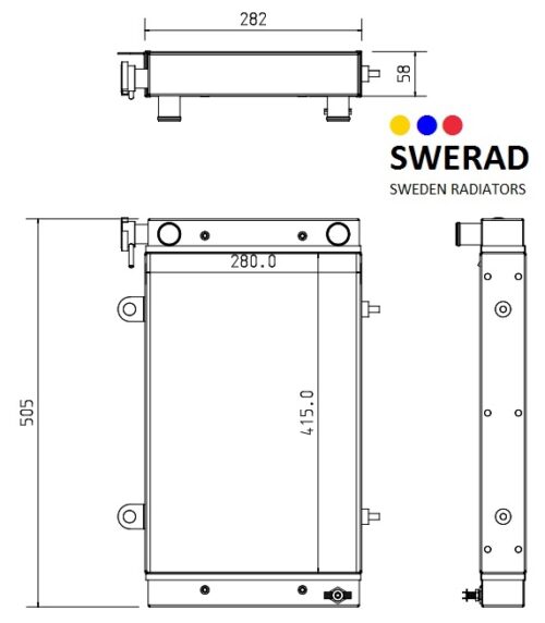 Teknisk ritning av Kylare John Deere grävmaskin radiator från Sverige. Mått: 282 mm bred, 505 mm hög, 58 mm djup. Olika vyer visas, inklusive front, sida och topp.