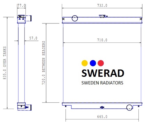 Teknisk ritning av en Kylare Hitachi grävmaskin-produkt märkt "SWERAD" med dimensioner: 835 mm höjd, 732 mm bredd, 710 mm mellan samlingshuvuden och 77 mm diameter.