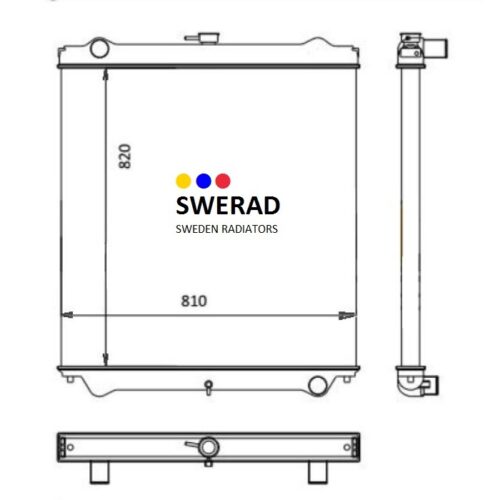Teknisk ritning av en Kylare Hitachi grävmaskin enhet med mått märkta. Enheten har en bredd på 810 mm och en höjd på 820 mm. Framifrån, från sidan och uppifrån visas.