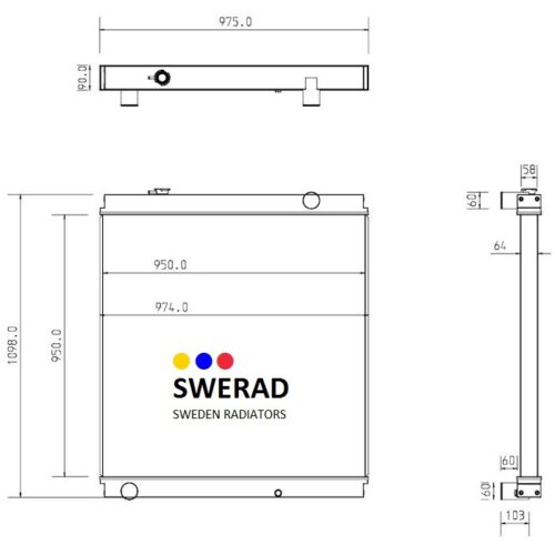 Teknisk ritning av en Kylare Hitachi grävmaskin radiator som visar olika dimensioner och specifikationer.