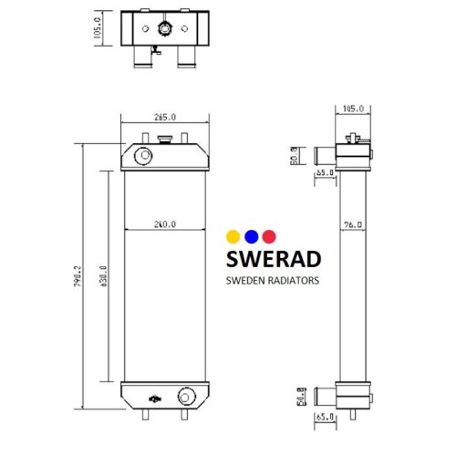 Tekniskt diagram över en Kylare Hitachi grävmaskin radiator med detaljerade mått. Logotypen, med tre färgade prickar, läser "SWERAD SWEDEN RADIATORS" bredvid radiatormåtten.