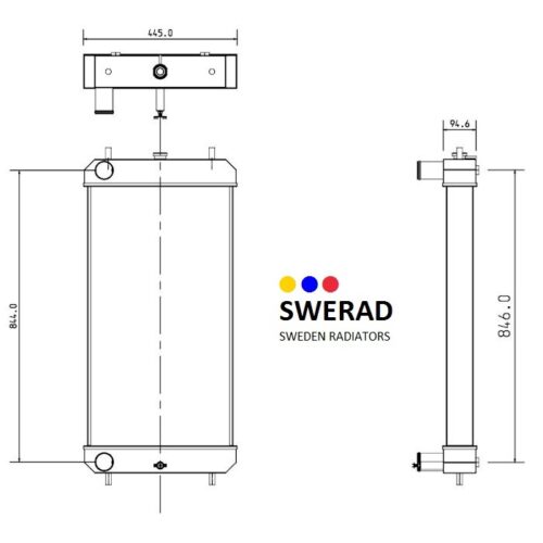 Teknisk ritning av en SWERAD Sverige Radiatorer Kylare Hitachi grävmaskin som visar front- och sidovyer med mått. Logotypen och texten "SWERAD Sweden Radiatorer" visas i mitten.