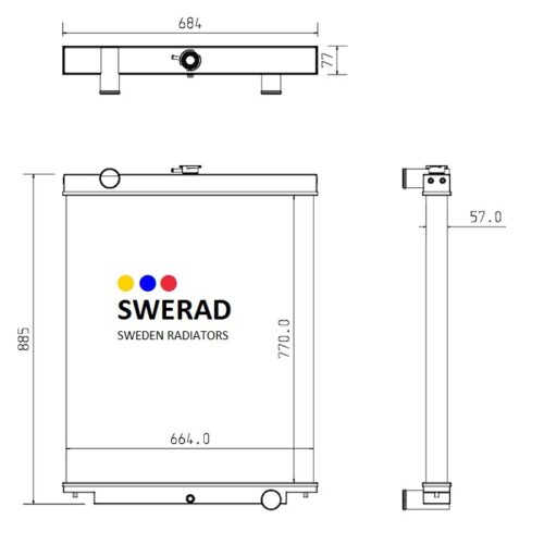 Schematisk ritning av en Kylare Hitachi grävmaskin radiator, som visar front-, topp- och sidovyer med mått. Framsidan inkluderar företagets logotyp och nyckelmått är märkta i millimeter.