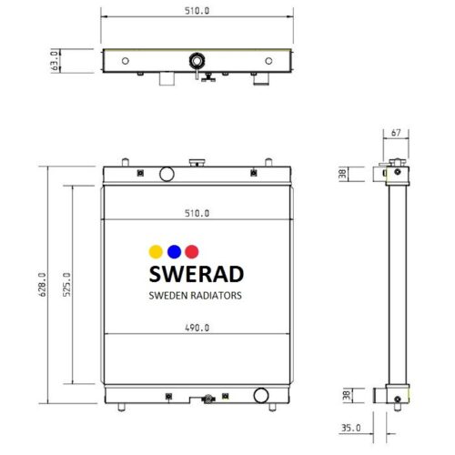 Teknisk ritning av en Kylare Hitachi grävmaskin radiatormodell från Sverige Radiatorer, som visar front-, top- och sidovyer med mått märkta i mm.