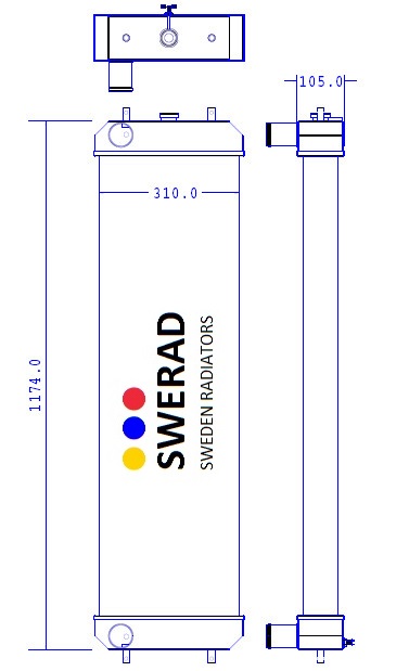 Teknisk ritning av en Kylare Hitachi grävmaskin enhet med mått. Enheten är 1174,0 mm hög, 310,0 mm bred och har en del som sträcker sig 105,0 mm.