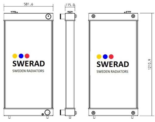Teknisk ritning av en Kylare Hitachi grävmaskin radiator, som visar fram-, sido- och bakvyer. Måtten är markerade: 581,6 mm bredd, 1210,9 mm höjd och 115 mm djup. "SWERAD Sweden Radiatorer" text och logotyp synlig.