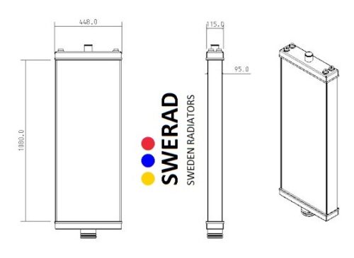 Teknisk ritning av en Kylare Hitachi grävmaskinenhet, som visar front- och sidovyer med måtten märkta 448,0 mm bredd och 1180,0 mm höjd, med SWERAD-logotypen och märkesfärgerna.