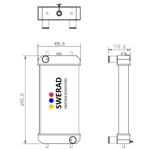 Teknisk ritning av Kylare Hitachi grävmaskin radiator med mått. Framifrån, från sidan och uppifrån visas; frontvy har en höjd på 692 mm och en bredd på 335 mm, medan sidovyn är 172 mm.