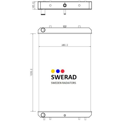 Teknisk ritning av en radiator med mått markerade. Kylaren är märkt "Kylare Hitachi grävmaskin" med en logotyp med tre färgade cirklar.