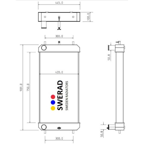 Tekniskt diagram över en Kylare Hitachi grävmaskin kylare, med vyer framifrån, ovanifrån och från sidan med mått märkta i millimeter.
