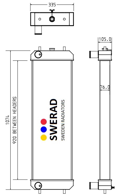 Tekniskt diagram över en Kylare Hitachi grävmaskin-komponent med dimensioner kommenterade, som visar front-, sido- och toppvyer.