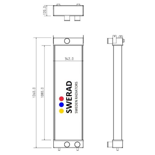 Tekniskt diagram över Kylare Hitachi grävmaskin kylare, som visar både fram- och sidovyer med mått märkta i millimeter. Framsidan har en bredd på 342 mm och en höjd på 1200 mm.