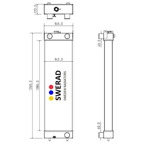 Tekniskt diagram över en Kylare Hitachi grävmaskin-modell från SWERAD, som visar detaljerade fram- och sidovyer med mått.